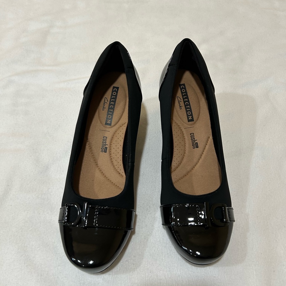 Clarks Vendra Bloom Black Suede Wedge Heels - New